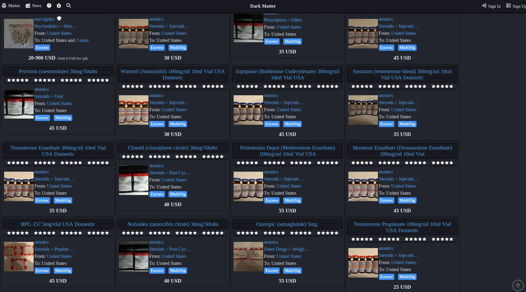 DarkMatter marketplace interface showing product listings